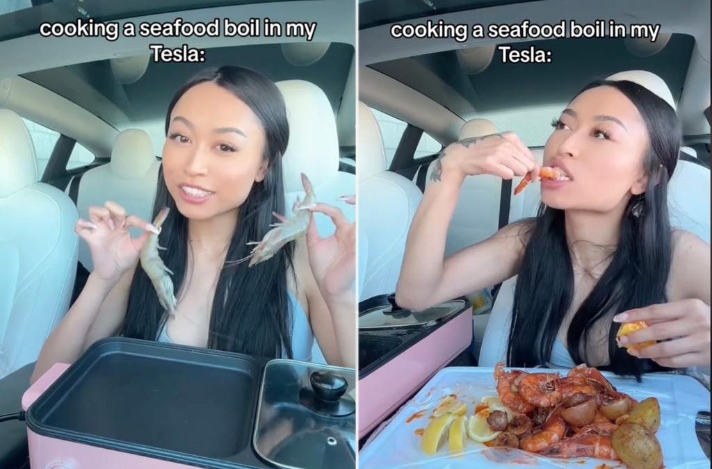Tesla owner prepares seafood boil inside car, shocking viewers